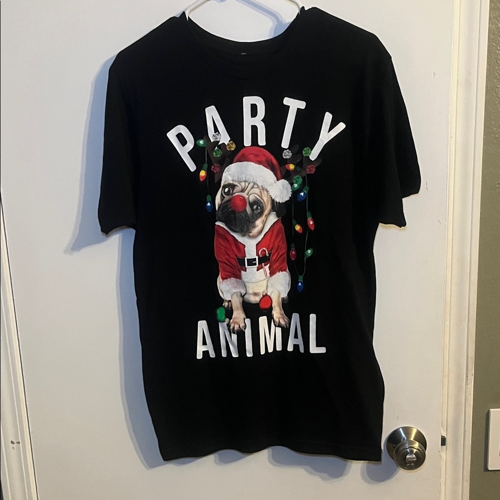 NWOT Party Animal pug Holiday Time Black T-Shirt size small